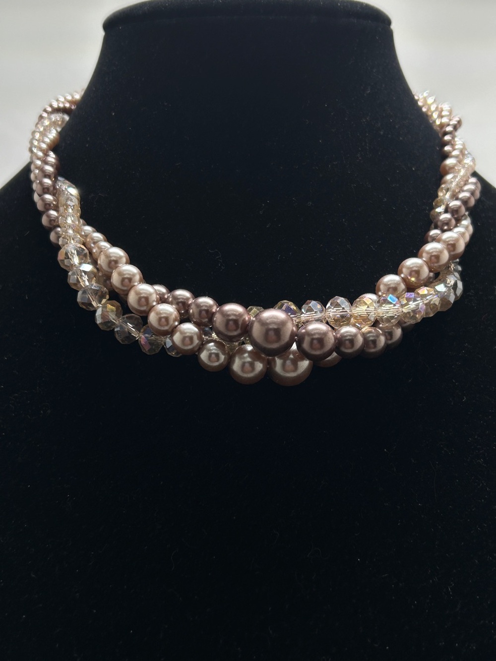 Roman, Vintage, Cocoa Pearls And Crystals Twisted Short Necklace